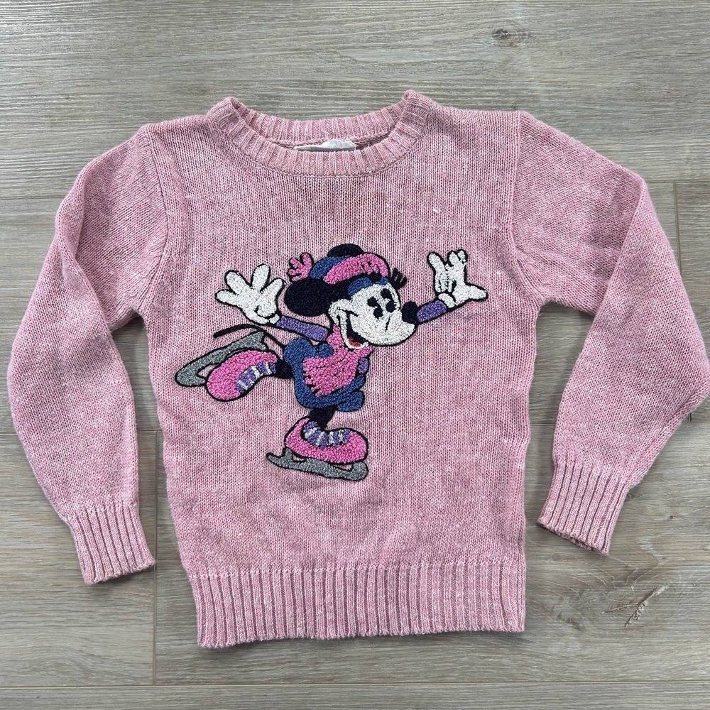 Vtg Disney Sunday Comics Kids‎ L 4T Pink Knit Sweater 3D Minnie Mouse Skating